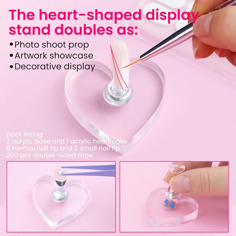 ESUOHYM Nail Stand For Press On Acrylic Strong Magnetic Nail Holder Kit For Painting Nails Tip Arts Display Stand With 200 PCS Double-Sided Tape And 1 Heart Shaped Acrylic Magnetic Presson Stand - Image 4